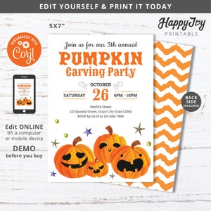 May include: Editable 5x7 inch printable invitation for a pumpkin carving party. The invitation features a watercolor illustration of pumpkins with jack-o-lantern faces, stars, and a chevron pattern. The text on the invitation reads "Join us for our 5th annual Pumpkin Carving Party, Saturday October 26, 6PM-10PM, Smith's Home, 123 Spooky Street, Scary City State 12300, RSVP by 10/19 to 123-456-7890".