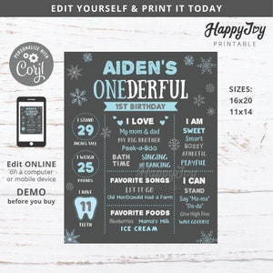 ONEderful Milestone Board-affisch, 16x20, 11x14, Pojkes 1:a Winter Onederland-födelsedag, redigerbar mall DIREKT digital nedladdning Corjl bild 1