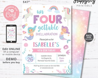 Mermaid Unicorn unFOURgettable Birthday Invitation, Girl 4th Magical Birthday Pink Purple, Editable Corjl Template INSTANT Digital Download