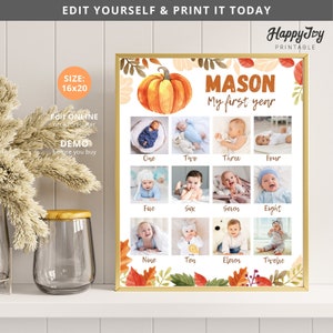 May include: A printable 16x20 inch poster with a fall theme. The poster features a pumpkin and leaves in orange, yellow, and green. The text "MASON My first year" is at the top of the poster. There are 12 photo spaces for a baby's first year.