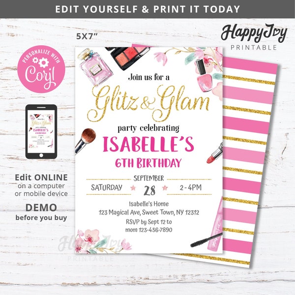 Glitz and Glam Birthday Invitation, Girls Make Over Spa Fashion Birthday Party, Editable Digital Template INSTANT Download, Self Edit Corjl