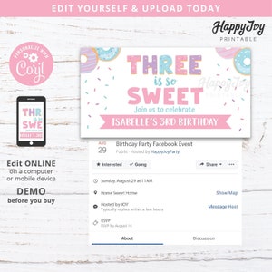 Op de afbeelding: Een roze en blauwe verjaardagsuitnodiging met een donutthema. De uitnodiging zegt "Three is so Sweet" en "Isabelle's 3rd Birthday". De uitnodiging bevat ook een link naar een Facebook-evenement voor het feest.