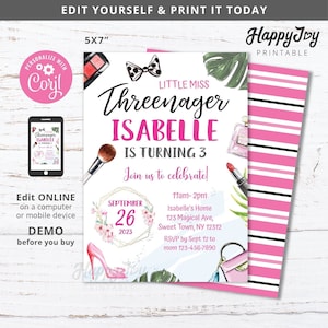 Little Miss Threenager Invitation, Girls 3rd Birthday Glam Three nager, Editable Template INSTANT Digital Download Access, Self Edit Corjl