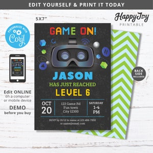 May include: A black and green printable invitation with a pixelated "Game On!" title and a blue virtual reality headset. The invitation is for a party celebrating Jason reaching level 6. The invitation includes the date, time, and address of the party.