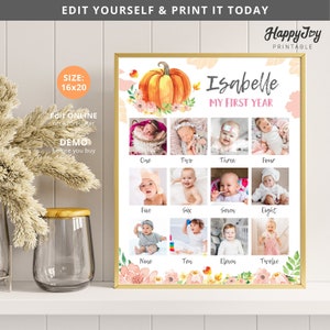 May include: A printable 16x20 inch poster with a watercolour pumpkin and floral design. The poster is for a baby's first year and has 12 photo spaces. The text on the poster says "Isabelle My First Year".