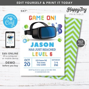 May include: A printable 5x7 inch invitation for a video game themed party. The invitation features a blue, green, and white colour scheme with a cartoon image of a virtual reality headset. The text on the invitation reads "Game On!" and "Jason has just reached level 6".