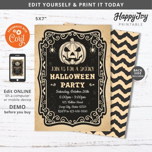 May include: A 5x7 inch printable Halloween party invitation with a vintage design. The invitation features a black and white illustration of a jack-o-lantern with bats and spiders. The text on the invitation reads "Join us for a spooky Halloween Party".