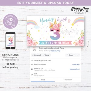 May include: A Facebook event invitation for a 3rd birthday party with a unicorn theme. The invitation features a pink, blue, and purple unicorn with a rainbow and stars. The text on the invitation reads "Young, Wild & Happy Joy Printable" and "Avery's 3rd Birthday".