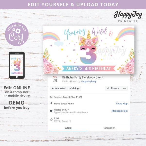 Young Wild and Three, Facebook Event Banner, Girls Unicorn 3rd Birthday Party Invite, Editable Template INSTANT Digital Download, Self Edit