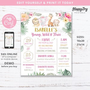 May include: A printable birthday poster for a girl turning three years old. The poster features a jungle theme with a giraffe, elephant, lion, and monkey. The poster includes the girl's name, age, height, weight, favorite things, and other fun facts. The poster is available in two sizes: 16x20 inches and 11x14 inches.