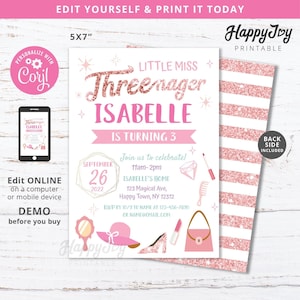 THREEnager Girl 3rd Birthday Invitation, Little Miss Three nager, Editable Template INSTANT Digital Download Access, Self Edit Corjl