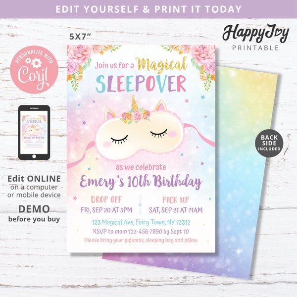 Sleepover Unicorn Birthday Invitation, Girls Slumber Party Invite, Glam Pink Purple, Editable Template INSTANT Download Access, Self Edit