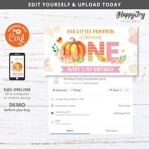 Pode incluir: Um convite imprimível para uma festa de primeiro aniversário com tema de abóbora. O convite apresenta uma ilustração em aquarela de uma abóbora com as palavras "Our Little Pumpkin is turning One" e "Avery's 1st Birthday". O convite também inclui um link para um evento do Facebook e detalhes sobre a festa.