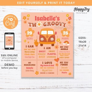 May include: A pink and orange printable birthday chart for a child turning two. The chart features a groovy van, flowers, and the text "Isabelle's Tw* Groovy". It includes information like height, weight, favourite songs, foods, and activities.