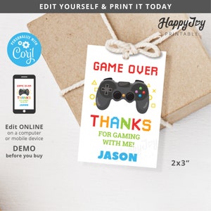 Console gioco favore Tag 2x3 stampabile, Game Over Thank You Etichetta Tag, Videogiochi, Modello modificabile Accesso immediato, Modifica automatica Corjl