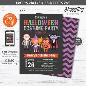 May include: Halloween costume party invitation with a black background and colorful text. The invitation includes illustrations of children in costumes and details for the party, including the date, time, and location. The invitation is 5x7 inches.