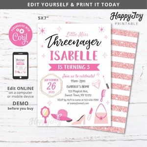 May include: Pink and gold printable invitation for a 3rd birthday party. The invitation features a pink glitter background with white stripes, a pink and gold crown, and the text "Little Miss Threenager Isabelle is turning 3".