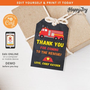 May include: Red and black thank you tag with a cartoon fire truck, the text "Thank You for Coming to the Rescue!" and "Love, Chief Kayden".