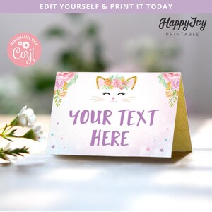 Etiqueta dobrável para cartão de barraca de comida para gatinhos de gato, cartão de festa, meninas Meowgical Purrfect aniversário Pawty, modelo Corjl editável acesso INSTANTÂNEO