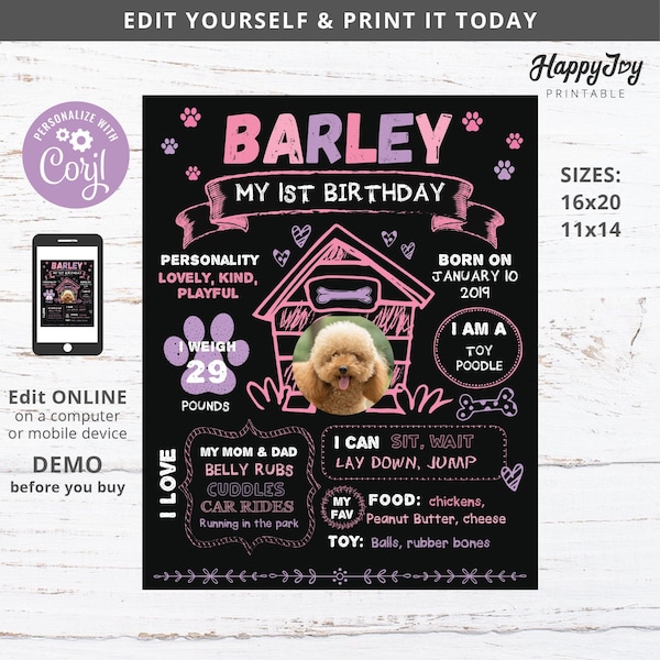 Dog Puppy Birthday Pet Party Chalkboard Milestone Poster, 16x20, 11x14, Editable Template INSTANT DIGITAL Download, Edit Add Picture w Corjl