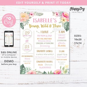 Floral Jungle Birthday Milestone Board Poster, Young and Three, Wild One, Any Age, Editable Template INSTANT Digital Download, Self Edit image 1