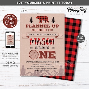 Bûcheron Buffalo Plaid Invitation, Boys 1st Birthday Invite, Turns ONE, Flannel Up, Editable Template INSTANT File Access, Self Edit Corjl