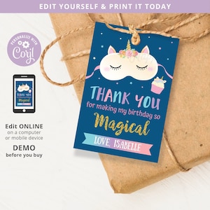 Einhorn Sleepover Pyjama Night Magical Birthday Favor Tag 2x3 Printable, Danke Label editierbare Vorlage SOFORTIGER Download, selbst bearbeiten