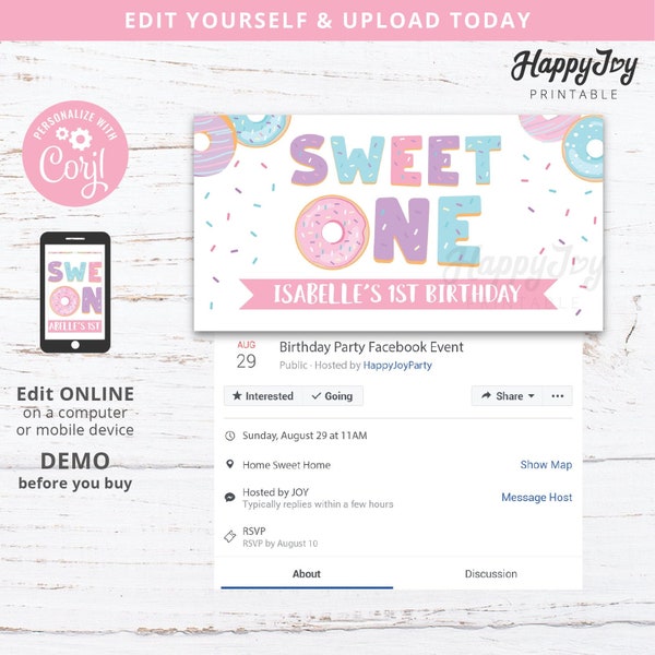 Sweet ONE Donut 1st Birthday, Girl Turning ONE, Facebook Event Banner Cover Party Invite, Editable INSTANT Digital Download, Self Edit Corjl