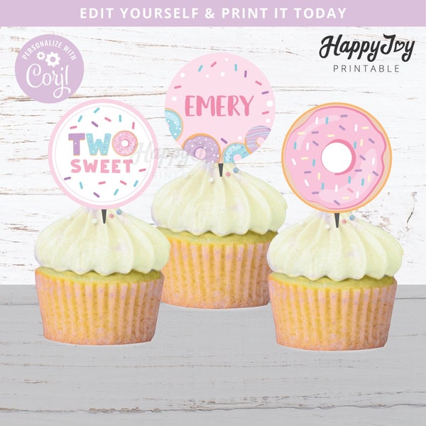 TWO Sweet Cupcake Topper, Girl Sprinkle Donut 2nd Birthday Digital Printable Decoration, Editable Template INSTANT Access, Edit w Corjl