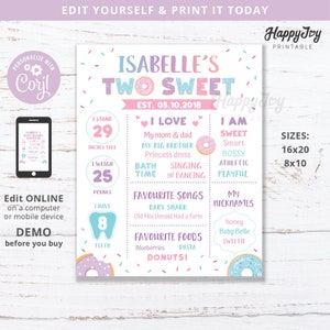 TWO Sweet Donut Milestone Board Poster, 8 x 10 16 x 20, 2e anniversaire de la fille, modèle modifiable INSTANT Digital Download Access, Self Edit Corjl