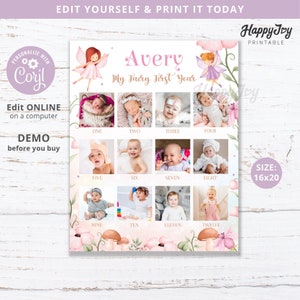 Op de afbeelding: Een printbare fotocollage van 40,6 x 50,8 cm voor het eerste jaar met een feeën-thema. De collage heeft 12 fotoplekken met de nummers één tot en met twaalf. De collage is versierd met roze bloemen, groene bladeren en paddenstoelen. De tekst "Avery My Fairy First Year" staat bovenaan de collage.