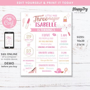 May include: A pink and gold printable birthday sign for a girl turning three. The sign features the text "Little Miss Threenager" with a glittery pink background. The sign also includes the girl's name, age, height, weight, favorite things, and other fun facts.