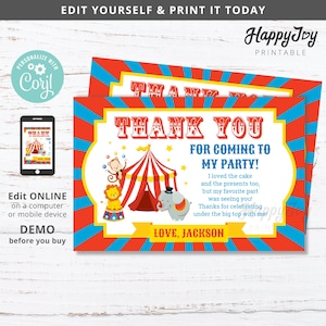 Tarjeta de notas de agradecimiento de fiesta de carnaval de circo 4x6, Greatest Show Boys Girls, plantilla editable acceso INSTANTE, autoedición con Corjl
