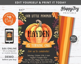 Little Pumpkin Birthday Invitation, Autumn Fall Pumpkin Patch Farm Invite, Dark bg, Editable Template INSTANT Access, Self Edit with Corjl