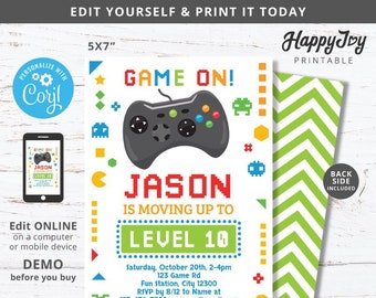 Pixel Video Game Party Invitation, Game On Play Time Boys Gaming Birthday Invite, Editable Template INSTANT Access, Self Edit with Corjl