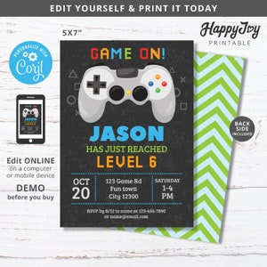 May include: A 5x7 inch printable invitation for a video game themed party. The invitation features a black background with a large grey video game controller, the text "GAME ON!" in colourful pixelated letters, and the text "Jason has just reached level 6". The invitation also includes the date, time, and location of the party.
