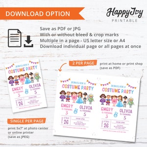 May include: Printable invitation for a costume party with a colourful design featuring a group of children dressed in costumes. The invitation includes the text "Join us for a Costume Party" and the names "Emery" and "Olivia" with their ages. The invitation also includes the date and time of the party.