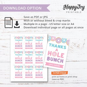 May include: Printable thank you tags featuring a donut design with the text "Thanks a Hole Bunch" and the name "Isabelle". The tags are pink, blue, and white with a donut pattern. The text "9 per page" is also included.