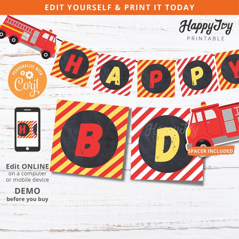 May include: Printable Happy Birthday banner with red and yellow striped flags. Each flag has a black circle with a white letter in the center. The letters spell out "Happy Birthday". There is a red fire truck with yellow accents on each side of the banner.