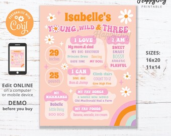 Young Wild Three Groovy Milestone Board Poster, Girls 3rd Birthday, Daisy Boho Rainbow, Editable Template INSTANT Digital Download Corjl