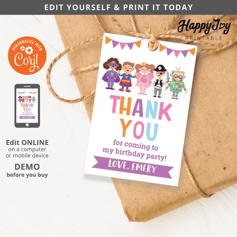 Costume Party Favor Tag 2x3 Printable, Girls Birthday Colorful Label Tag, Editable Template INSTANT Download, Self Edit with Corjl co16 image 1