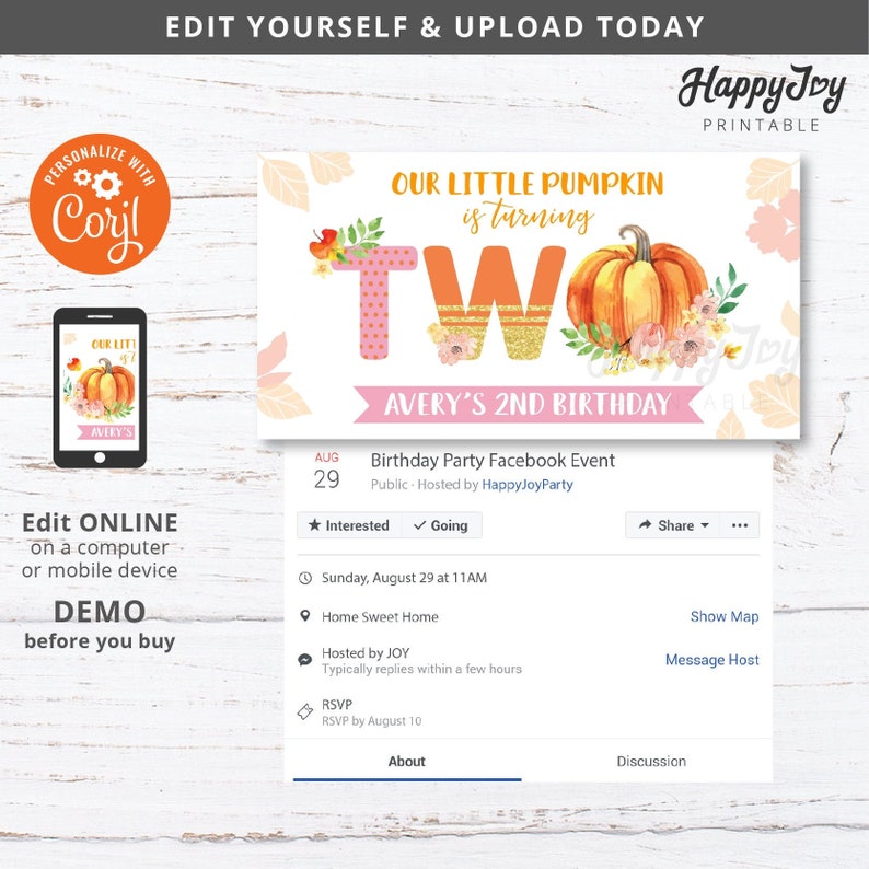 May include: A Facebook event invitation for a 2nd birthday party with a pumpkin theme. The invitation features a watercolor illustration of a pumpkin with the text "Our Little Pumpkin is turning Two" and "Avery's 2nd Birthday". The event is scheduled for Sunday, August 29th at 11 AM.