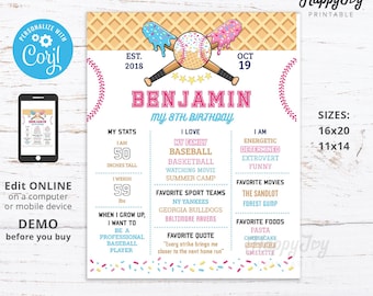 Baseball Ice Cream Drip Birthday Milestone Board, Teenager Boy Birthday Poster Sign Digital File, Editable Template INSTANT Download Corjl