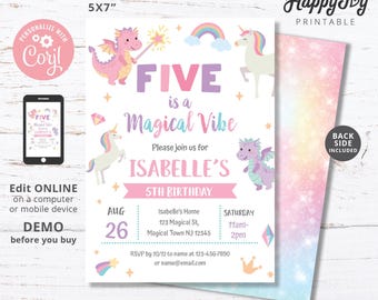 Unicorn Dragon Five Magical Vibe Invitation, Girl 5th Birthday Rainbow Pink Purple, Editable Corjl Template INSTANT Digital Download