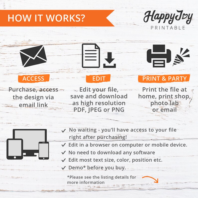 May include: How it works graphic with three steps: access, edit, and print & party.  The graphic shows an envelope, a document with a download arrow, and a printer with a party popper.  The text explains that you can purchase, access, edit, and print the design.  The graphic also includes a list of features, such as no waiting, edit in a browser, no need to download software, and edit text size, color, and position.