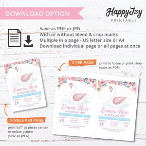 May include: Printable invitation for a first birthday party featuring a pink and white swan design. The invitation shows a pink swan with a crown, surrounded by pink and purple flowers. The text on the invitation reads "Emma Rose is turning one".