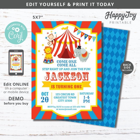 Circus Carnival Party Invitation, Greatest Show Boys Girls Birthday Invite, Editable Template INSTANT Access, Self Edit with Corjl Il_570xn