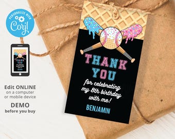 Baseball Ice Cream Drip Birthday Favor Tag, Base Ball Sport Game Party Thank You Label Printable, Editable Template INSTANT Download Corjl