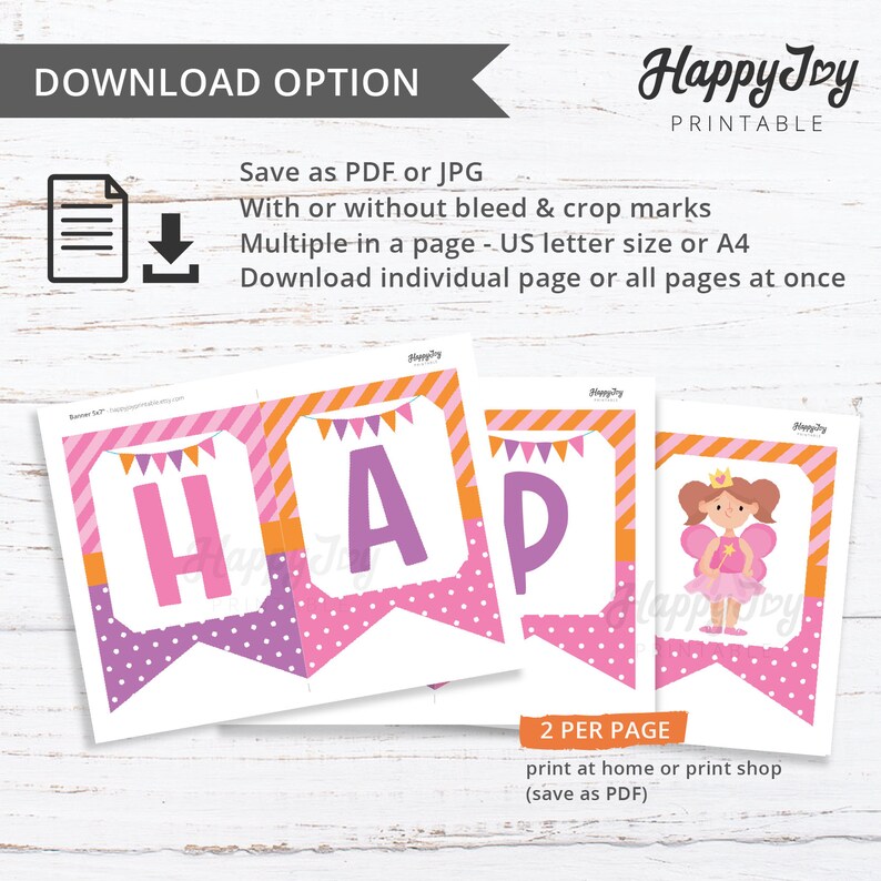 May include: Printable banner with the word "HAP" in pink and purple letters, plus a princess graphic. The banner has a pink and orange striped border and is designed to be printed at home or a print shop.