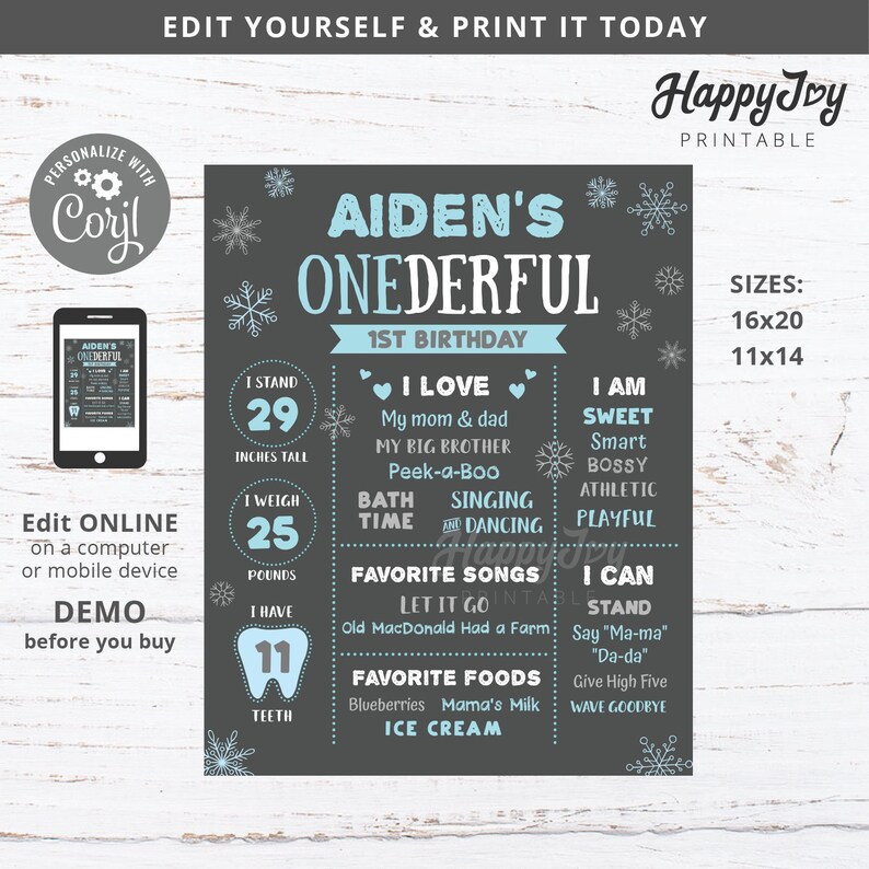 ONEderful Milestone Board-affisch, 16x20, 11x14, Pojkes 1:a Winter Onederland-födelsedag, redigerbar mall DIREKT digital nedladdning Corjl bild 1